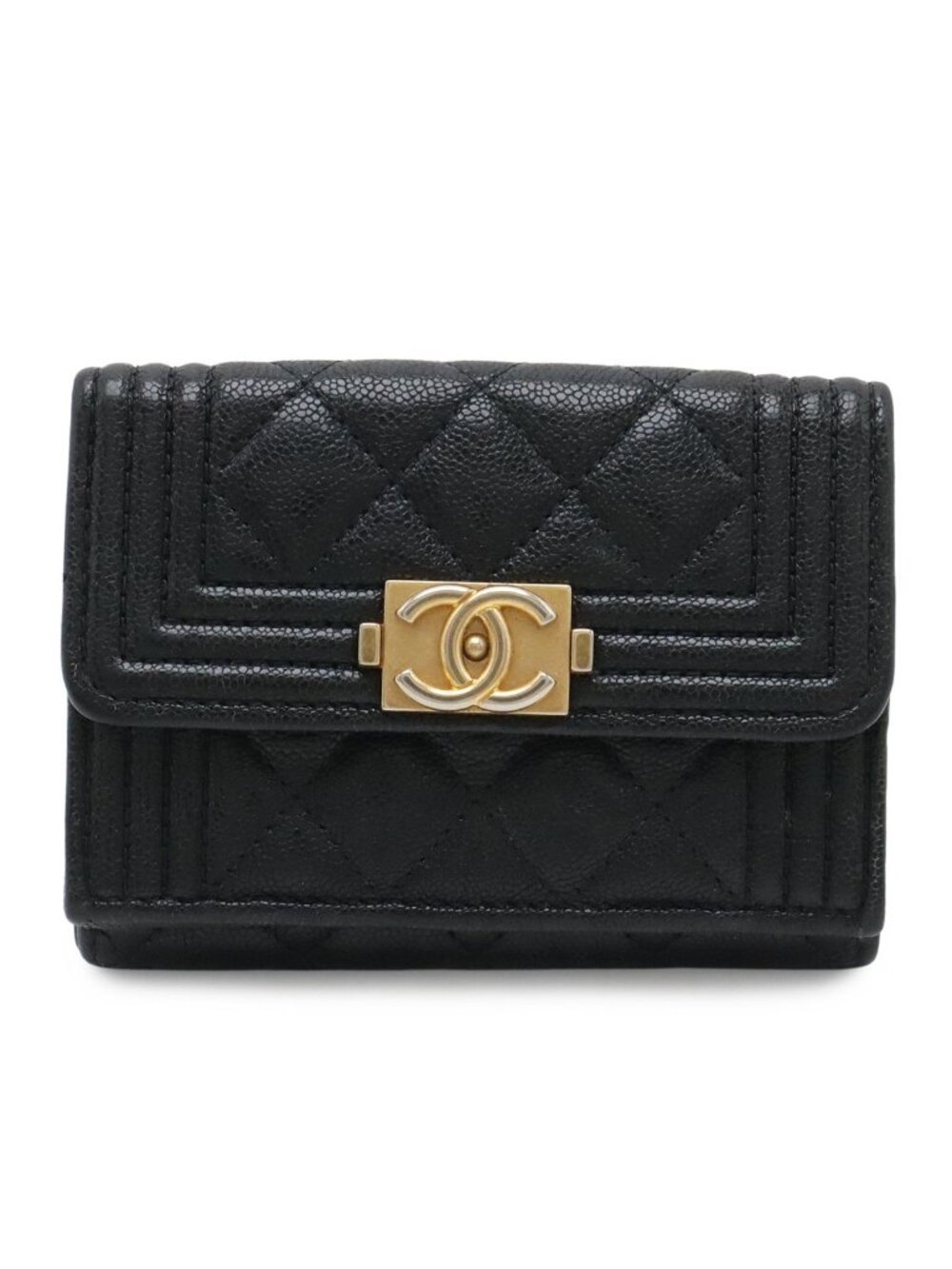 Chanel Boy Quilted CC Logo Small Flap Wallet Trifold Caviar Leather Black Gold